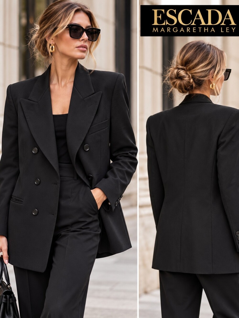 Vintage ESCADA Margaretha Ley Black Wool Double Breasted Blazer Size 42